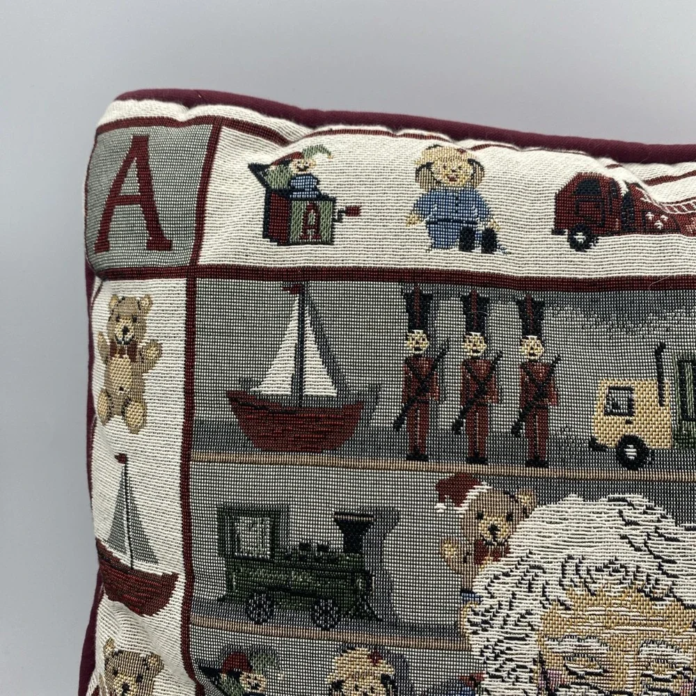 Christmas Tapestry Throw Pillow‎ Santa's Workshop Toys Blocks Bear Sewing 16x16
